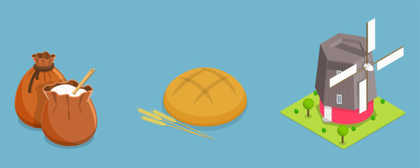 3D Isometric Flat Vector Conceptual Illustration of Bread Production, Natural Farming Food