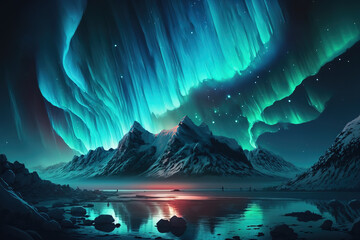 Gorgeous Polar Lights Above Northern Snowy Landscape . AI generated Illustration.