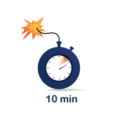 10 minute clock bomb. Explosion and danger, weapon. Graphic element for website. Marketing and special limited offer. Time interval metaphor. Cartoon flat vector illustration