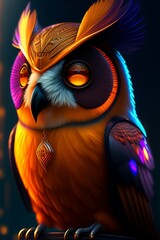 Naklejka premium mechanical owl, amber, mettalic colours, cyberpunk , highly detailed, Generative AI