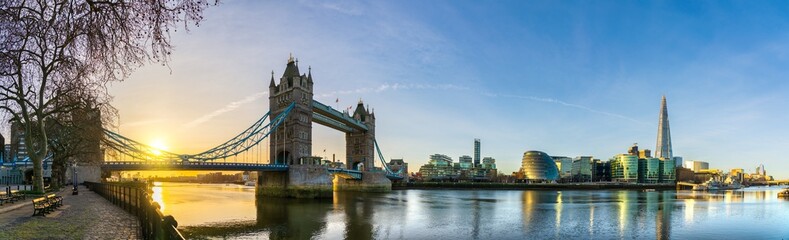 Side view of Tower Bridge at sunrise in London. England