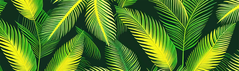 Green jungle pattern background with leaf textures and luxury tropical nature design inspired by hawaii with gold elements.