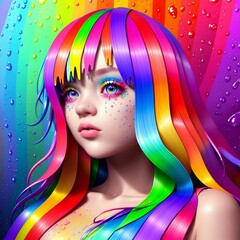 Fototapeta premium emotional girl doll, rainbow wave, splashes of paint on her face, generated in AI