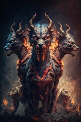 Cerberus, the hound of Hades, from Greek mythology is the guardian to the entrance to the underworld. The legendary three headed monster dog of myth and fantasy , Generative AI