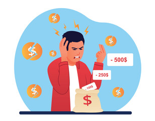 Fototapeta na wymiar Financial problems concept. Man near bag of broken gold coins. Economic Crisis and Bankruptcy, Unsuccessful Entrepreneur or businessman. Unemployed young guy. Cartoon flat vector illustration