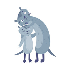 Cute badger family. Animal parent hugging its baby. Happy parenthood cartoon vector illustration