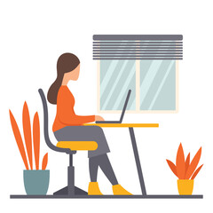 Girl with laptop sitting on the chair vector flat illustration
