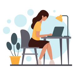 Girl with laptop sitting on the chair vector flat illustration