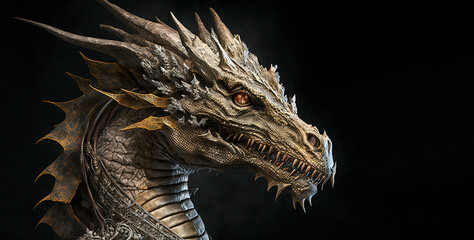 Head of dragon. dragon close up head shot. Year of the dragon 2024. Fantasy image of a dragon created with generative ai.	