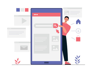 Searching system concept. Man near screen of smartphone. Information and knowledge, modern technologies and digital world. Search engine optimization metaphor. Cartoon flat vector illustration