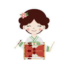 Samulnori performance. Traditional Korean musical show - cute young female in beautiful hanbok clothing playing on janggu drum. Flat vector illustration on white background