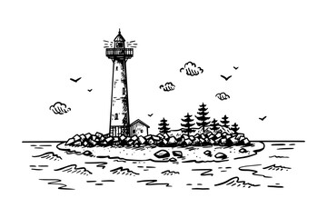 Beautiful seascape - lighthouse, rocky stones, trees, clouds, flying seagulls, sea, waves, sandy shore. Hand drawn in sketch style illustration of the lighthouse keeper's house. Vector