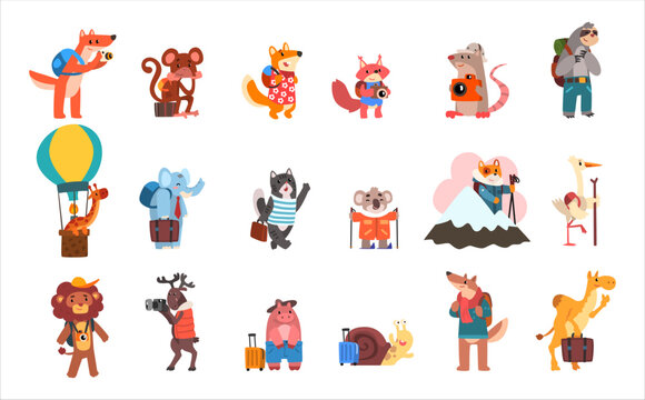 Cute animals traveling on summer vacation set. Fox, giraffe, reindeer, lion, pig, snail, cat, squirrel, lion, monkey tourists hiking, sightseeing, photographing vector Illustration