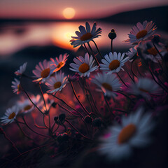 Obraz na płótnie Canvas Beautiful daisy flowers in grass field with sunset background, generative ai