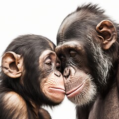 Loving chimpanzees on white background