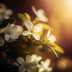 Beautiful jasmine flowers in grass field with sunset background, generative ai