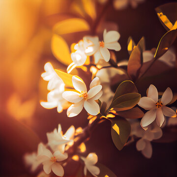 Beautiful jasmine flowers in grass field with sunset background, generative ai