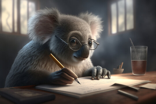 Elderly writer grandma koala writing a story for her grandchildren. Generative AI