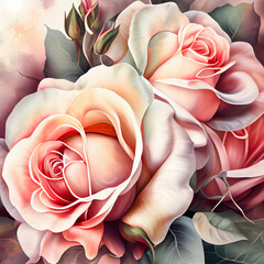 Watercolor roses flowers greeting card background. Generative AI