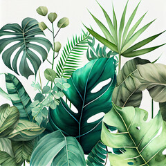 Fototapeta na wymiar Tropical watercolor plants background, jungle rainforest leaves wallpaper. Generative AI