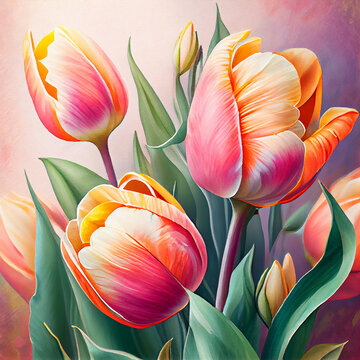 Watercolor pink tulip flowers greeting card background with tulips plants. Generative AI