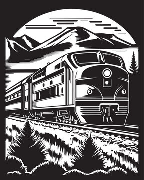 steam locomotive in the mountains linocut vector illustration