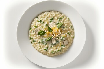 a delicious bowl of risotto overhead shot, white background