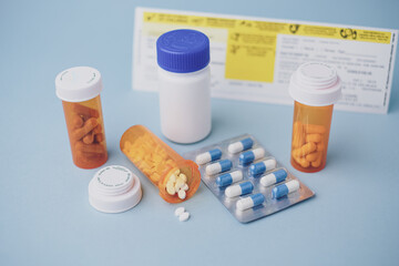 The prescription medication and healthcare concept on blue background.
