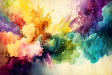 Obraz na płótnie Canvas Abstract watercolor background with rainbow colors, ink blot and splash art style, generative ai