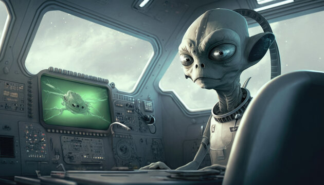 Humanoid Alien Foreign Lifeform Pilot in UFO Cockpit. Generative AI.