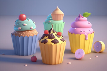 3d render set of cupcakes, pastel colors, generative ai