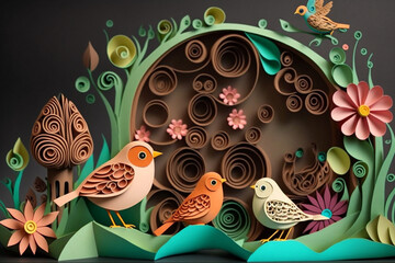 quilled paper birds and flowers, spring background, easter theme, generative ai
