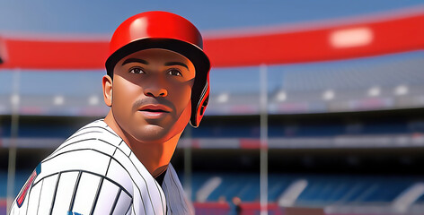 Painted Baseball Player, Red Batters Helmet, Stripped Jersey, Out of Focus Empty Stadium Generative AI Illustration