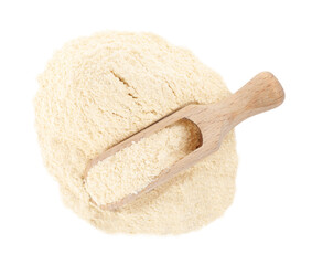 Wooden scoop with quinoa flour on white background, top view