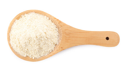 Wooden spoon with quinoa flour on white background, top view