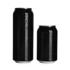 Aluminum cans with water drops on white background. Mockup for design