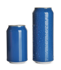 Aluminum cans with drinks on white background
