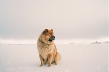 A chow chow dog playing on the snow in winter