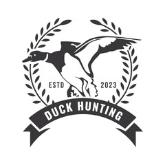Duck Hunting Logo Emblem Silhouette with Guns and whoite isolated background