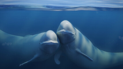 Fototapeta premium Beluga, white whale couple is swimming together in the ocean