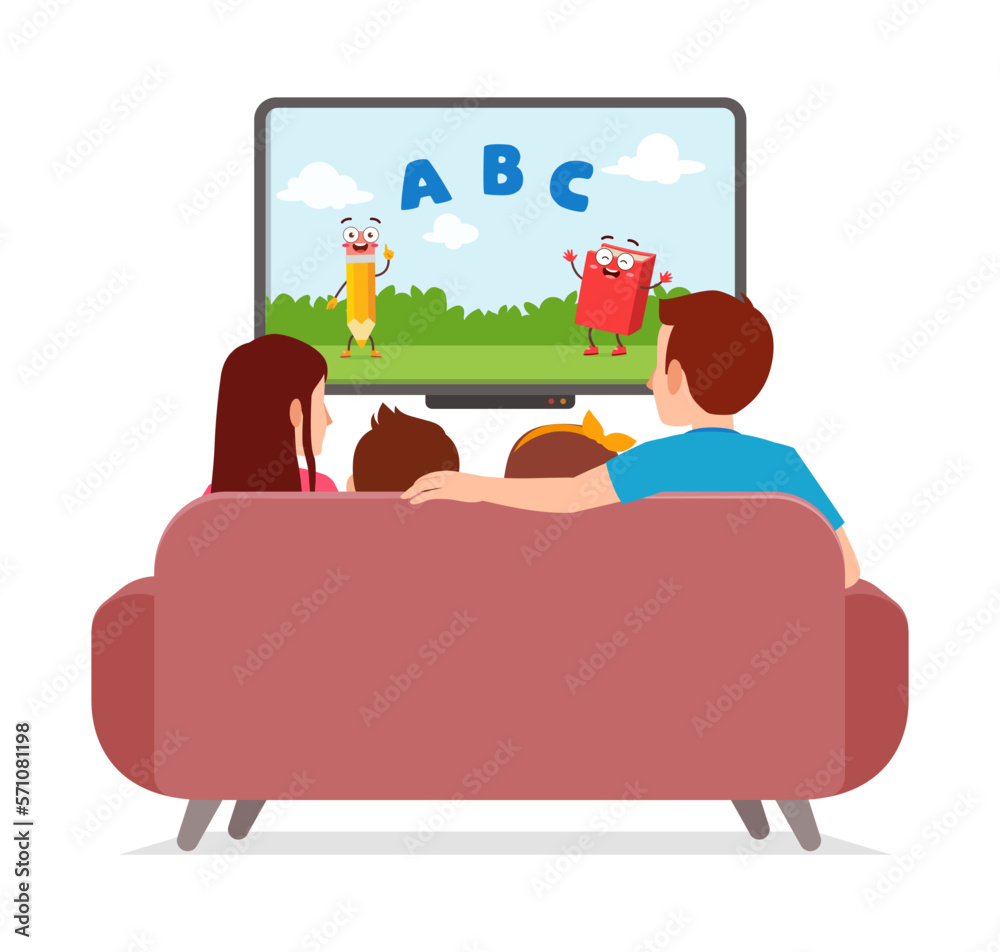 Wall mural little kid watching television witth family and feel happy