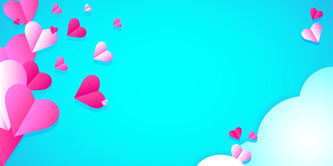 Horizontal banner with blue sky, pink hearts and clouds. Template for St Valentine's day, Mother day, wedding invitation. Place for text.Usable for banners, vouchers, headers, cards, posters, websites