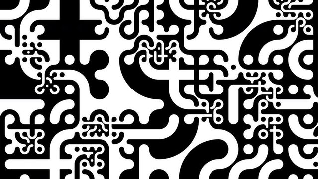 Geometric Truchet tiling loop. Abstract black and white background.