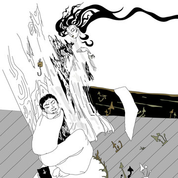 Illustration to the horror novella Viy by Ukrainian writer Nikolai Gogol. Temptation of philosopher Khoma Brut by the witch. Original style art.