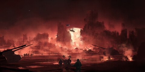 A post-war scene in flames, 3D illustration.