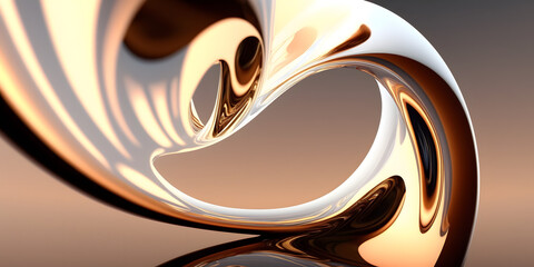 Abstract 3D Fluid Golden Silver Glass Curves in Motion. Glossy, Elegant, Reflective Surface and Gradient Organic Waves. Ideal Graphic Element for Banners, Background