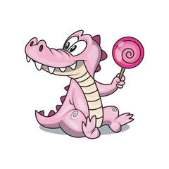 vector cartoon cute crocodile character in pink color bring candy