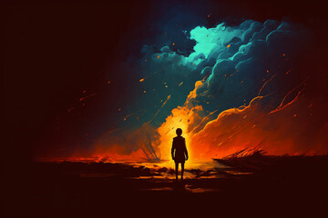 silhouette of a person on an apocalyptic landscape