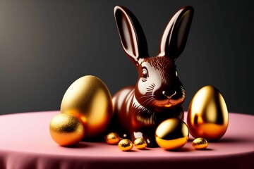 Fototapeta na wymiar Delicious, tempered chocolate Easter bunny surrounded by colourful foil wrapped Easter Eggs. Generative AI