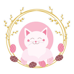 Adorable cat with beautiful Easter wreath on white background